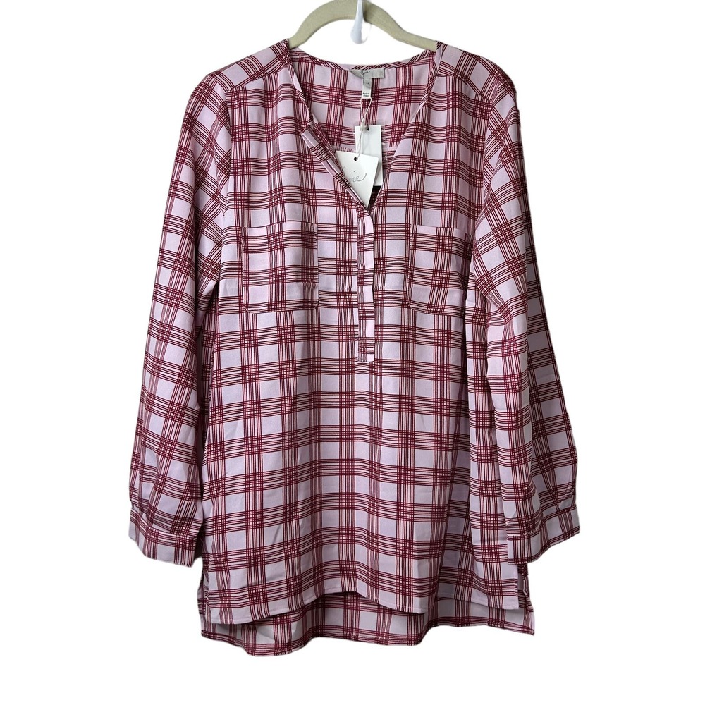 NWT Joie Red Pink Plaid Checkered Long Sleeve Pullover Tunic Blouse Cottagecore